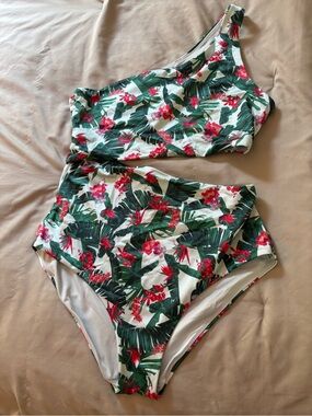 Victoria's Secret One-Shoulder Tropical Floral One-Piece - Green/Red/White